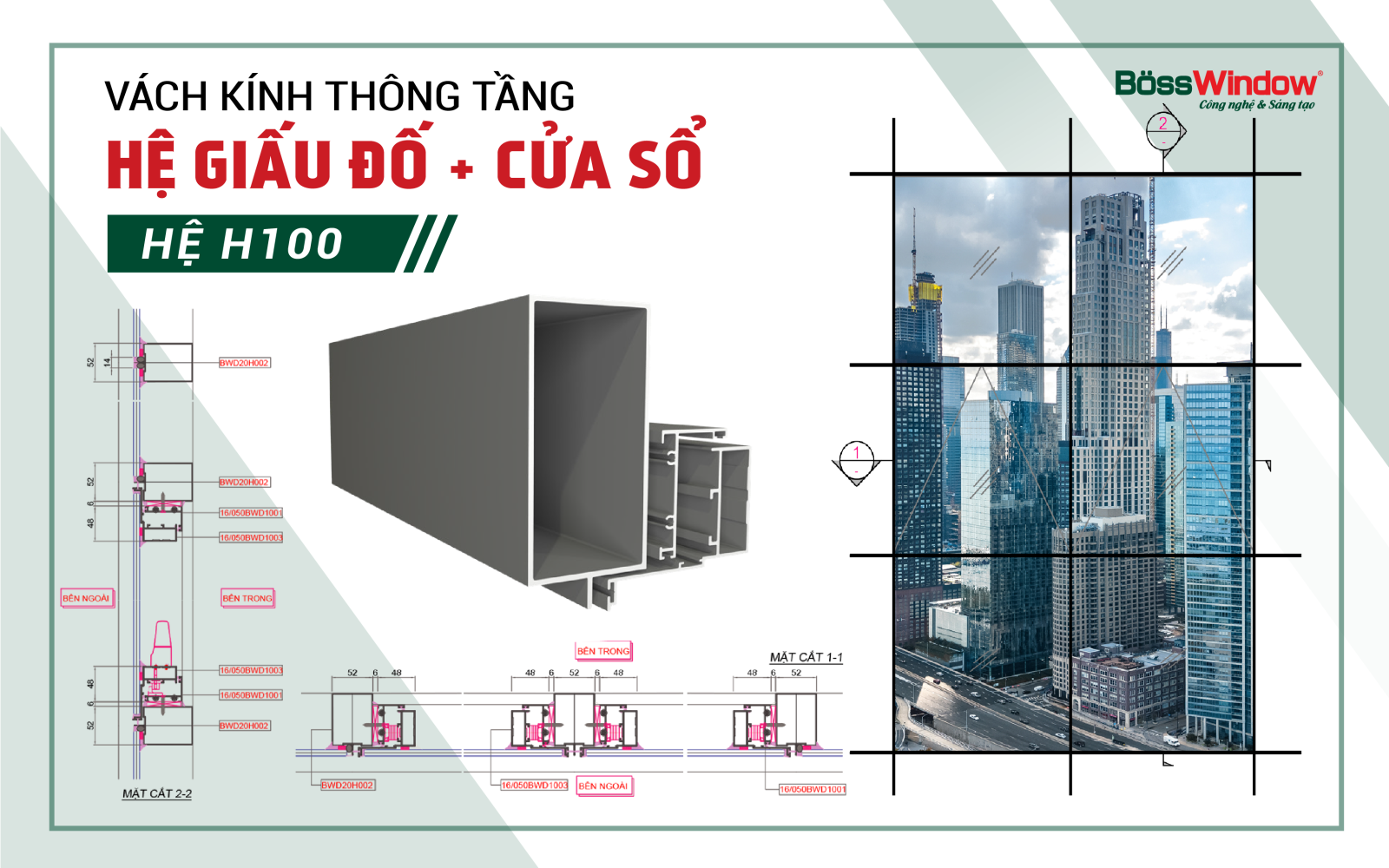 Chi tiết mặt cắt vách kính thông tầng giấu đố hệ H100