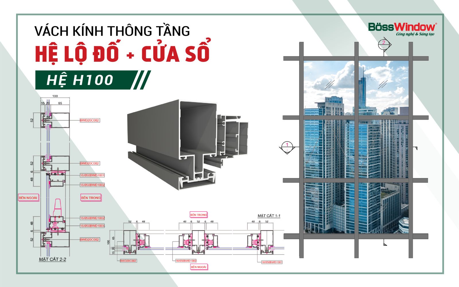Bề mặt cắt thanh nhôm để làm vách kính dựng lộ đố hệ H100